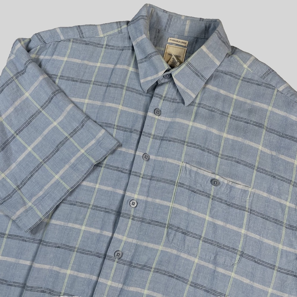 Saddlebred Men's 2XLT Blue Plaid 100% Linen Short Sleeve Button Up Casual Shirt